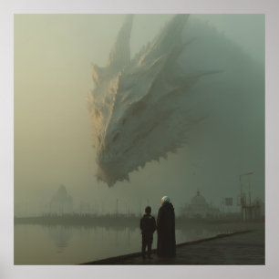 Riesiger weißer Drache über dem nebligen Pier der Poster