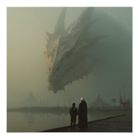 Riesiger weißer Drache über dem nebligen Pier der Poster (Vorderseite)