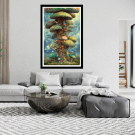 riesiges buntes Pilzhaus surreales Plakat