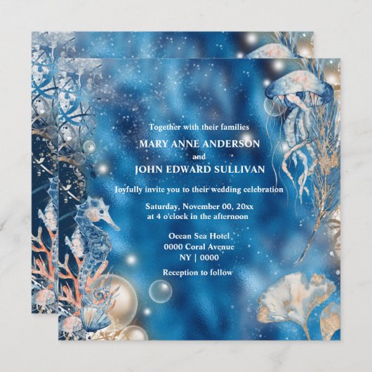 Riffinsel Seepferd Qualle Aquarell Ozean Einladung (Vorne/Hinten)