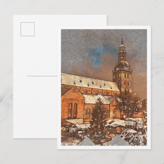 Riga Latvia Color Pencil City Landschaft Postkarte (Vorne/Hinten)