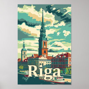 Riga Lettland Vintag Retro Travel Illustration Poster