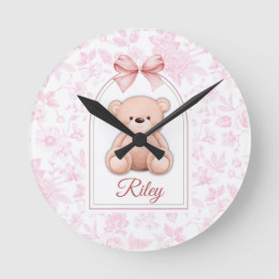 Riley Benutzerdefiniertes rosa Teddy-Bär-Kinderz Runde Wanduhr