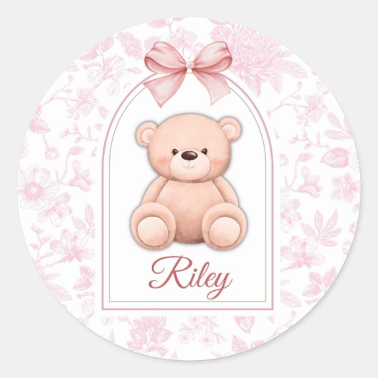 Riley | Benutzerdefiniertes rosa Teddy-Bär-Kinderz Runder Aufkleber (Vorderseite)
