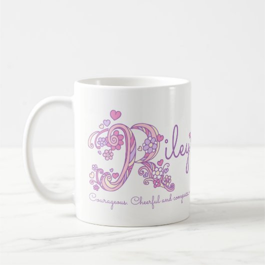 Riley Name bedeutet Herz-Blume-R-Monogramm-Tasse Kaffeetasse (Links)