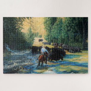 Rinder der Ranch fahren Angus und Pferd am Fluss Puzzle