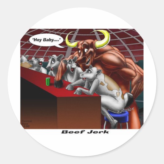 Rindfleisch Jerky Origins Funny Cow & Bull Cartoon Runder Aufkleber (Vorderseite)