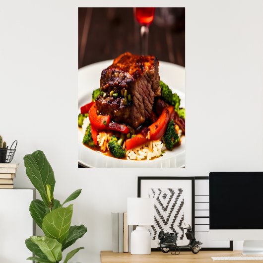 Rindfleisch mit Reis und Gemüse | AI Art Poster (Heimbüro)