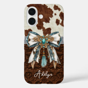 Rindleder Braunes Leder Juwelen Bogen iPhone 16 Hülle