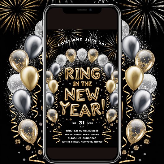 Ring in New Year Gold Ballon Party Einladung