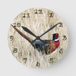 Ring Neck Pheasant in Meadow Runde Wanduhr