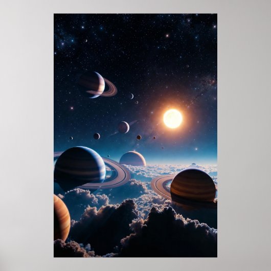 Ringed Worlds Above the Clouds – Cosmic Planetary Poster (Vorne)