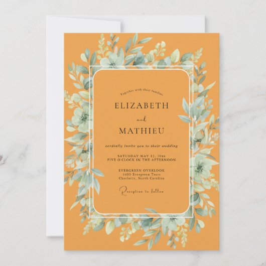 Ringelblumen-Hochzeit mit Teal-Blättern Einladung (Vorderseite)