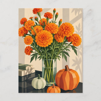 Ringelblumen & Kürbisse Geometrische Herbstpostkar Feiertagspostkarte