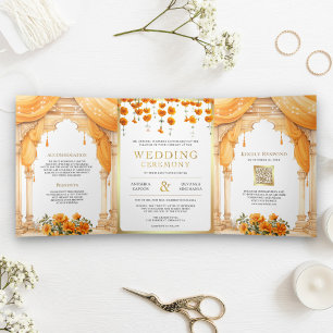 Ringelblumen Südindische Mandap Hindu-Hochzeit Dreifach Gefaltete Einladung
