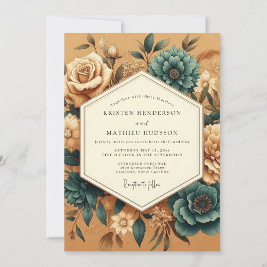 Ringelblumen-Teal-Altflora-Hochzeit Einladung (Vorderseite)