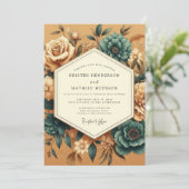 Ringelblumen-Teal-Altflora-Hochzeit Einladung (Stehend Vorderseite)