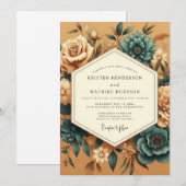 Ringelblumen-Teal-Altflora-Hochzeit Einladung (Vorne/Hinten)