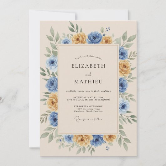 Ringelblumenblaue rustikale botanische Hochzeit Einladung (Vorderseite)