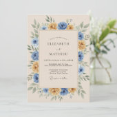 Ringelblumenblaue rustikale botanische Hochzeit Einladung (Stehend Vorderseite)