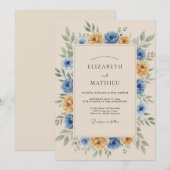 Ringelblumenblaue rustikale botanische Hochzeit Einladung (Vorne/Hinten)