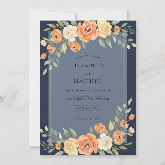 Ringelblüten-Schiefer-Hochzeit Einladung (Vorderseite)