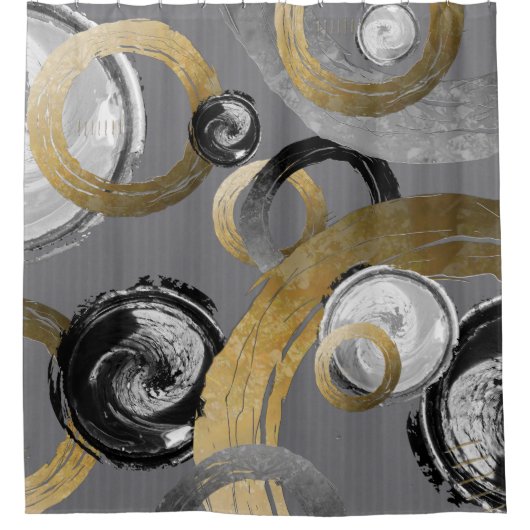 Rings Circles Modernes Abstraktes Gold Schwarz Gra Duschvorhang (Vorderseite)