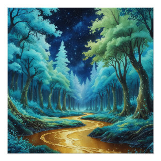 Río de Oro en Bosque de Fantasía - Paisaje Mágico Poster