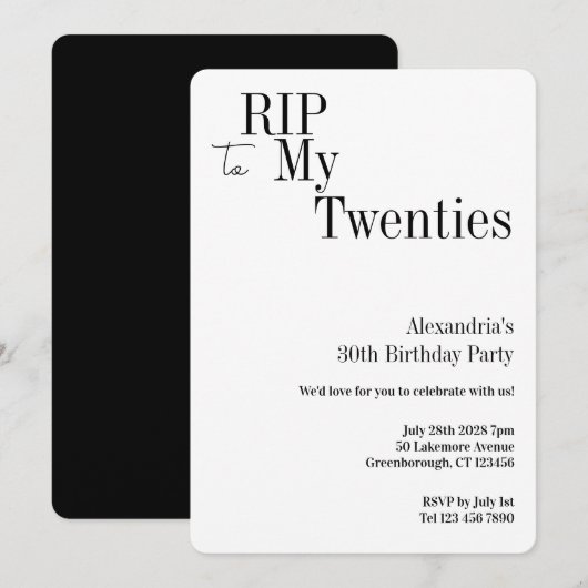 RIP 20s 30th Birthday Minimal Party Einladung (Vorne/Hinten)