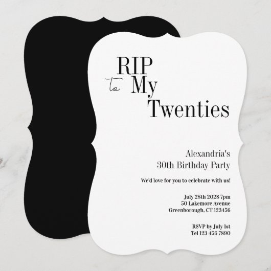 RIP 20s 30th Birthday Minimal Party Einladung (Vorne/Hinten)