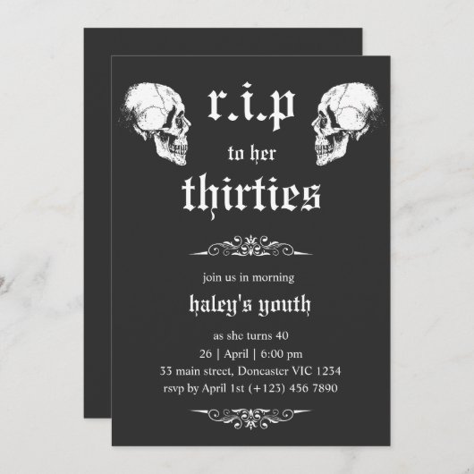 RIP 30er zu ihren Zwanziger Goth Skulls 40. Geburt Einladung (Vorne/Hinten)