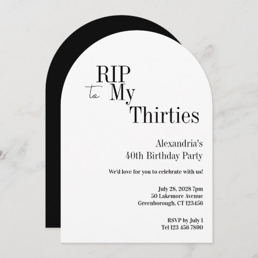 RIP 30s 40th Birthday Black White Minimal Party Einladung (Vorne/Hinten)