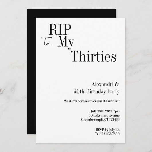 RIP 30s 40th Birthday Minimal Party Einladung (Vorne/Hinten)