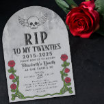 Rip meine 20er Gravestone 30th Gothic Birthday Par Einladung<br><div class="desc">Machen Sie 20 in dunkler,  stilvoller Eleganz mit diesem Rip meine 20er Gravestone 30th Gothic Birthday Party Einladung! Dieser geschwungene Geburtstagsaufenthalt sieht wie ein Kopfstein aus,  mit einem Schädel mit Flügelemblem,  Rose,  Dornen und einer grauen Aquarellsteinstruktur. Ideal für eine gotische Geburtstagsfeier!</div>