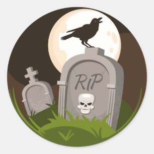 Rip Skull Raven Grave Halloween Moon Runder Aufkleber