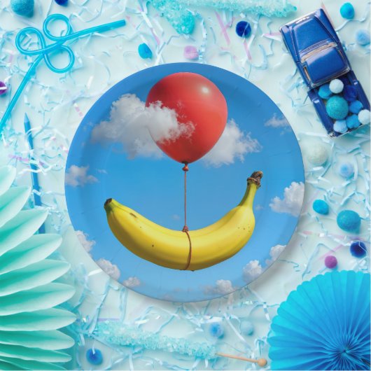 Ripe Banana Floating In Sky with Red Balloon Pappteller (Party)