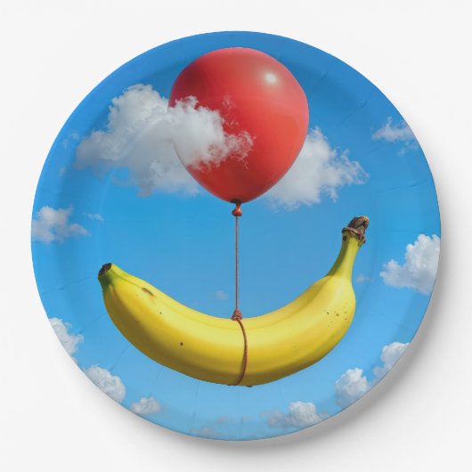 Ripe Banana Floating In Sky with Red Balloon Pappteller (Vorderseite)