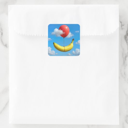 Ripe Banana Floating In Sky with Red Balloon Quadratischer Aufkleber (Tasche)