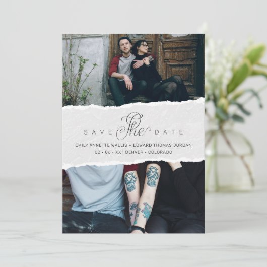 Ripped Paper Effect Wedding Custom Photo Script (Stehend Vorderseite)