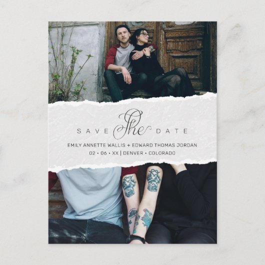 Ripped Paper Effect Wedding Custom Photo Script Einladungspostkarte (Vorderseite)