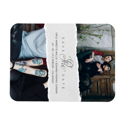 Ripped Paper Effect Wedding Custom Photo Script Magnet (Horizontal)