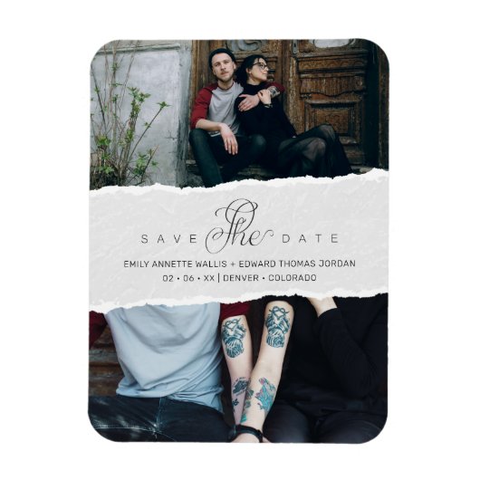 Ripped Paper Effect Wedding Custom Photo Script Magnet (Vertikal)