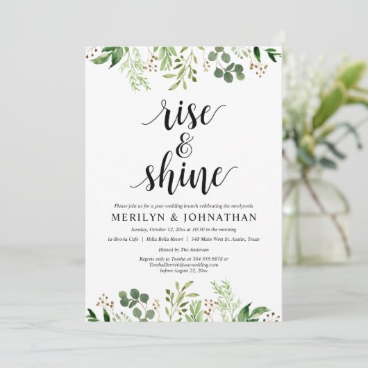 Rise and Shine, Grüne Post Wedding Brunch Einladung (Stehend Vorderseite)