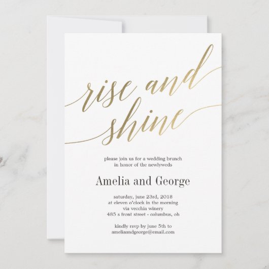 Rise and Shine Wedding Brunch Imitats Gold Script Einladung (Vorderseite)