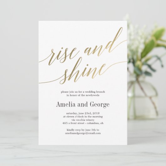Rise and Shine Wedding Brunch Imitats Gold Script Einladung (Stehend Vorderseite)