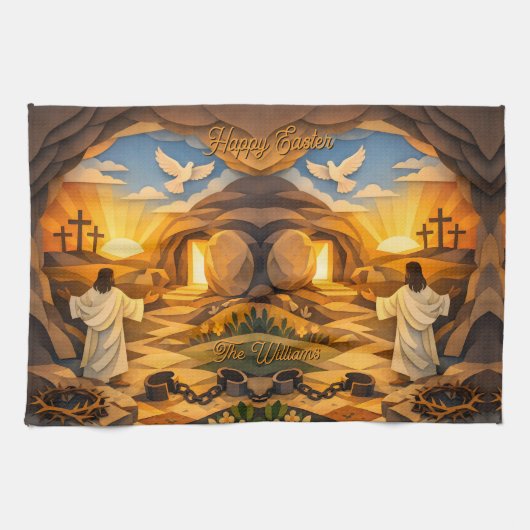 Risen Jesus Empty Tomb 3D Papercut Easter Geschirrtuch (Horizontal)