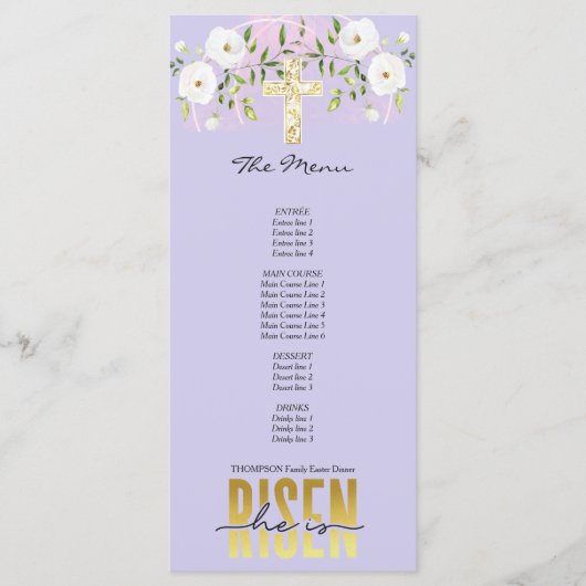 Risen Religious Christlich Zitat Lavender Osterzei Menükarte (Vorderseite)