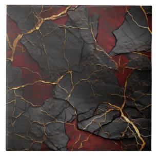 Rissige Steinstruktur, Rot, Schwarz und Gold Fliese