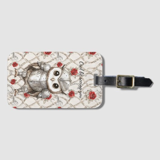 Ritter Eule in glänzender Rüstung rote Rosen flora Gepäckanhänger (Vorderseite (Horizontal))