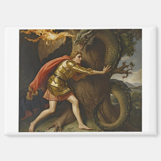 Ritter in goldener Rüstung gegen den Drachen Magnet